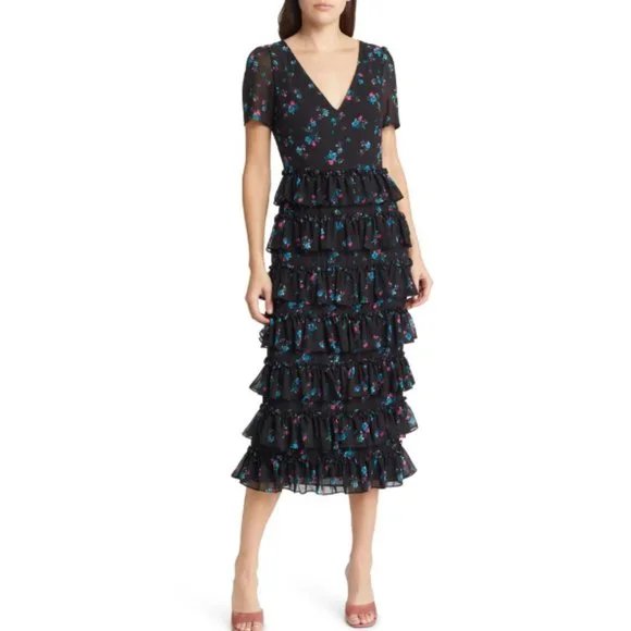 Wayf Dresses Wayf Darlene Floral Tiered Cocktail Midi Dress